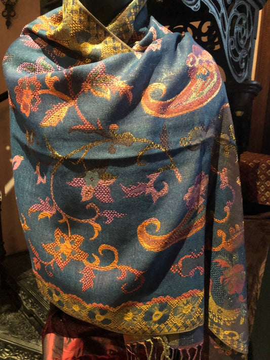Golden Vintage Blue Green Gold Metallic Paisley Brocade Pashmina Scarf Wrap