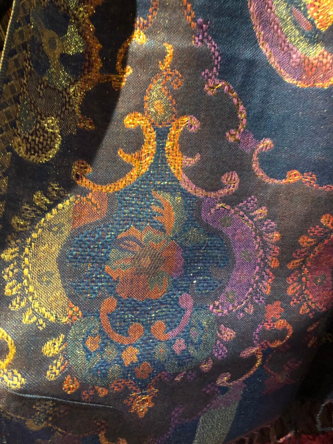Golden Vintage Blue Green Gold Metallic Paisley Brocade Pashmina Scarf Wrap