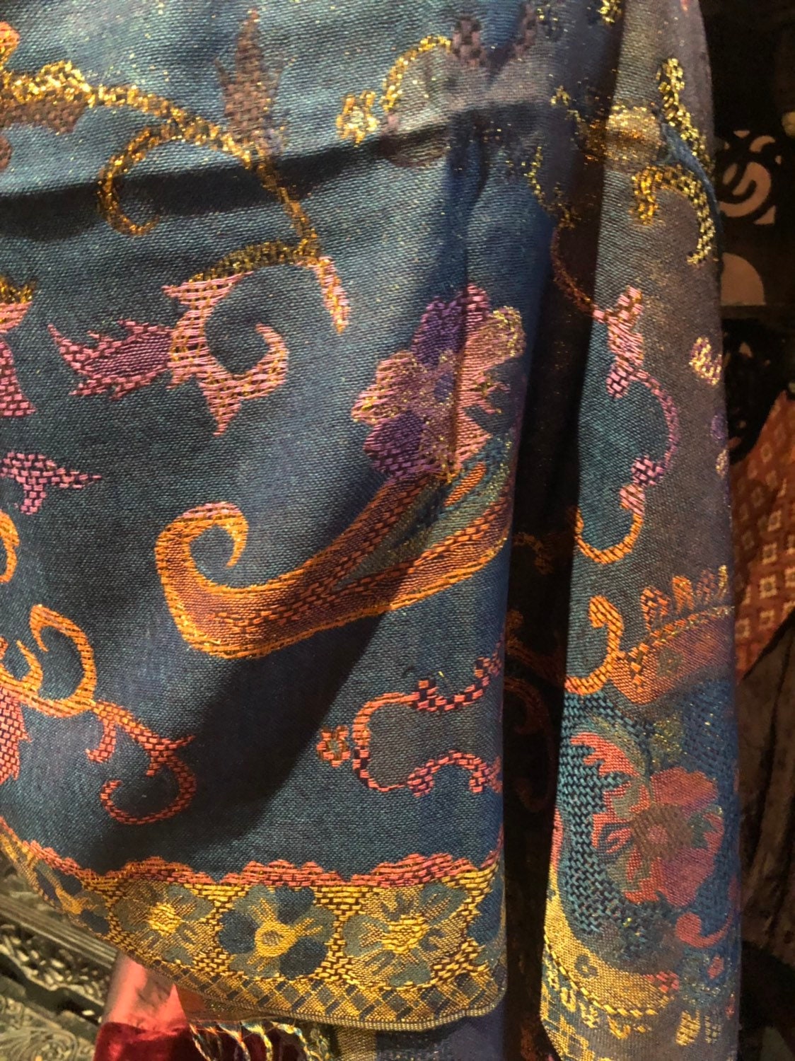 Golden Vintage Blue Green Gold Metallic Paisley Brocade Pashmina Scarf Wrap