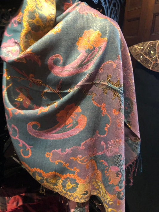 Golden Vintage Teal Purple Gold Metallic Paisley Brocade Pashmina Scarf Wrap