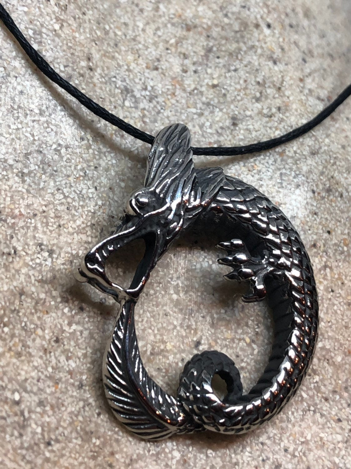 Vintage Handmade Silver Stainless Steel Gothic Celtic Dragon Pendant Necklace