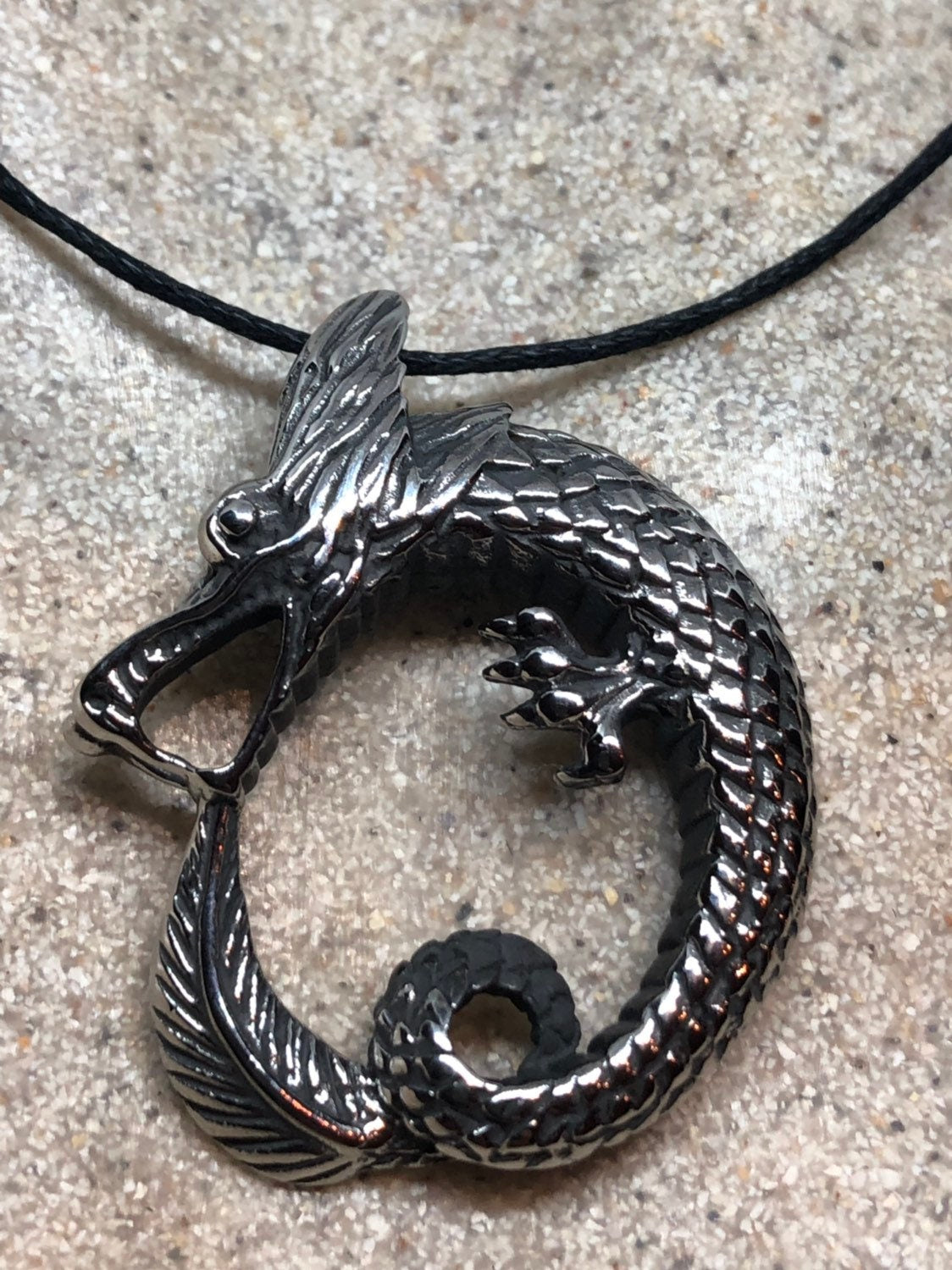 Vintage Handmade Silver Stainless Steel Gothic Celtic Dragon Pendant Necklace