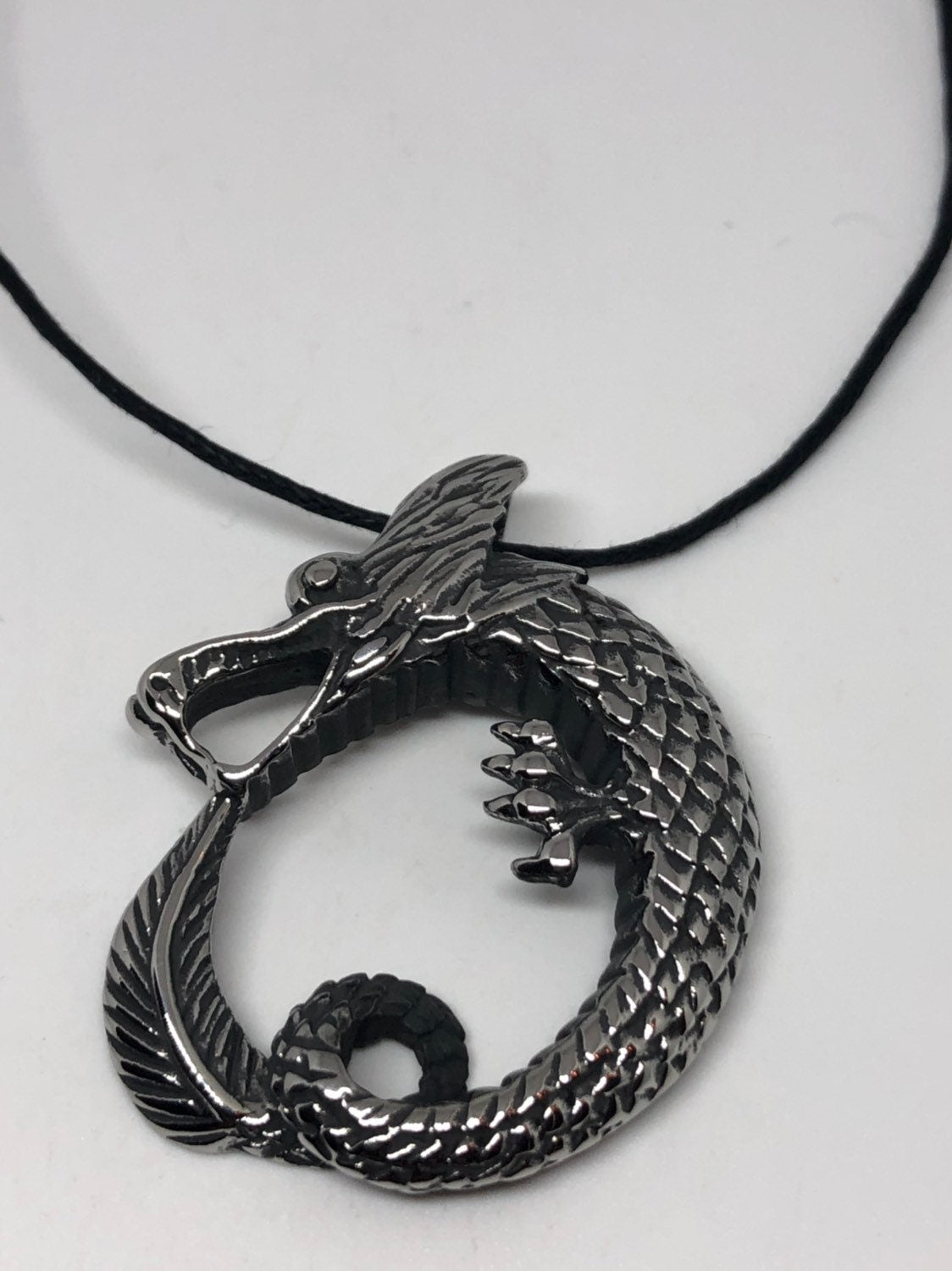 Vintage Handmade Silver Stainless Steel Gothic Celtic Dragon Pendant Necklace