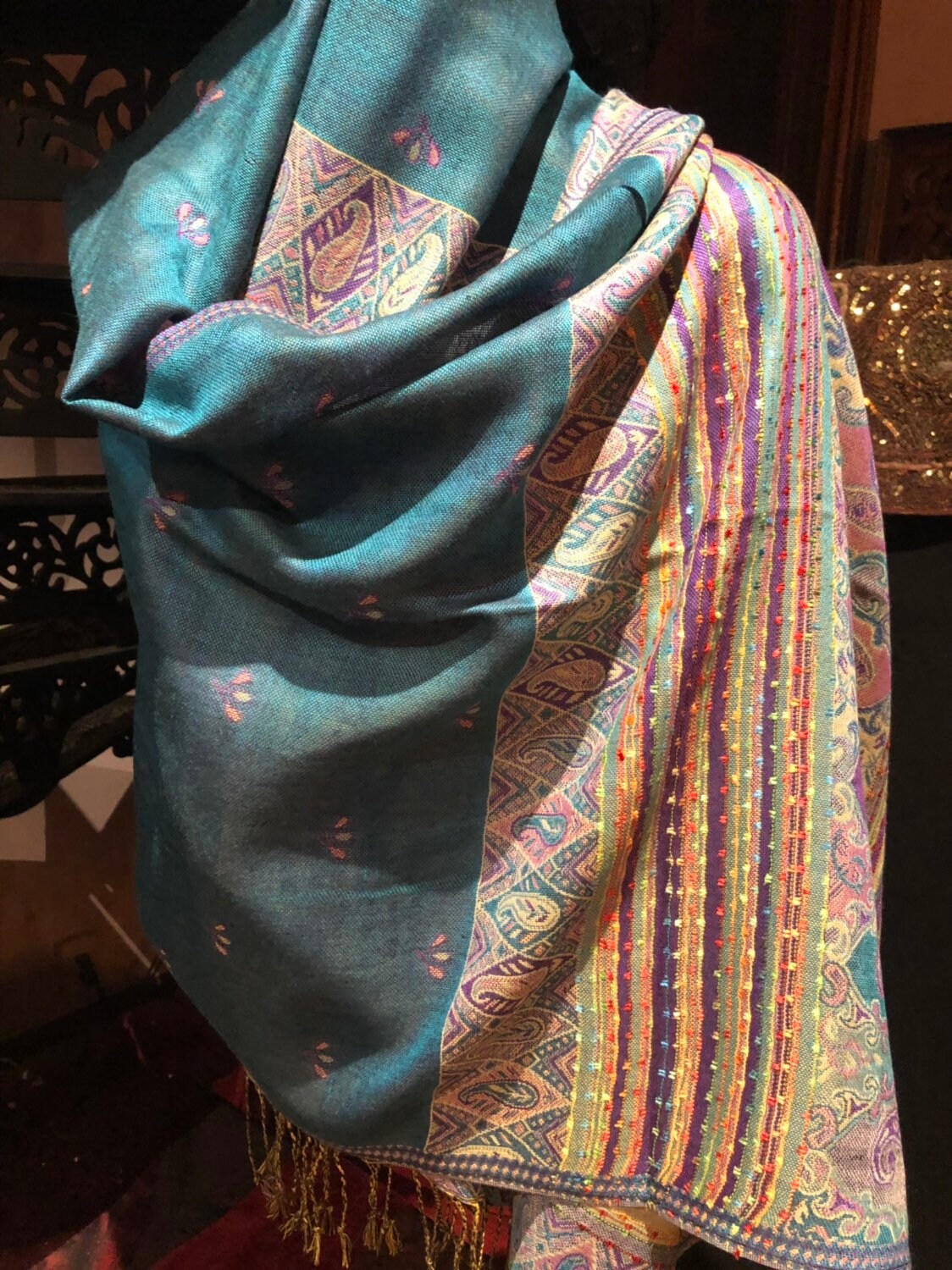 Vintage Teal Blue Paisley Brocade Pashmina Scarf Wrap Shawl