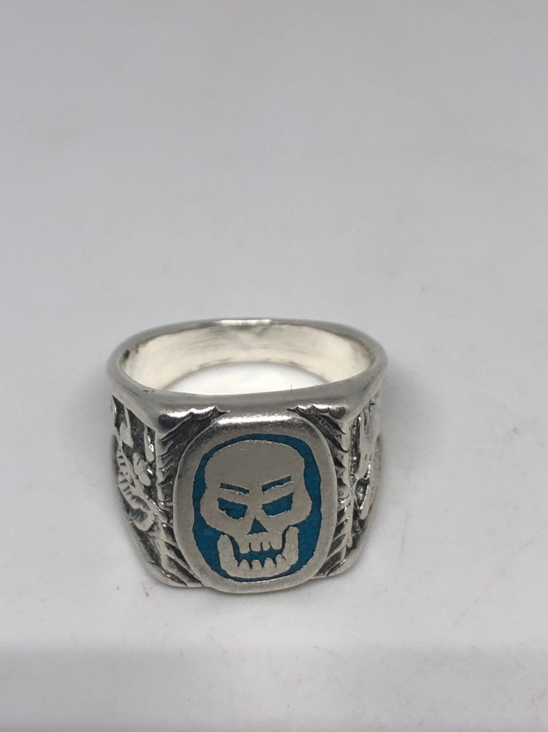 Vintage Mens Skull Ring Gothic Southwestern Turquoise Inlay