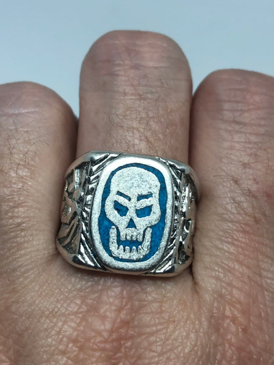 Vintage Mens Skull Ring Gothic Southwestern Turquoise Inlay