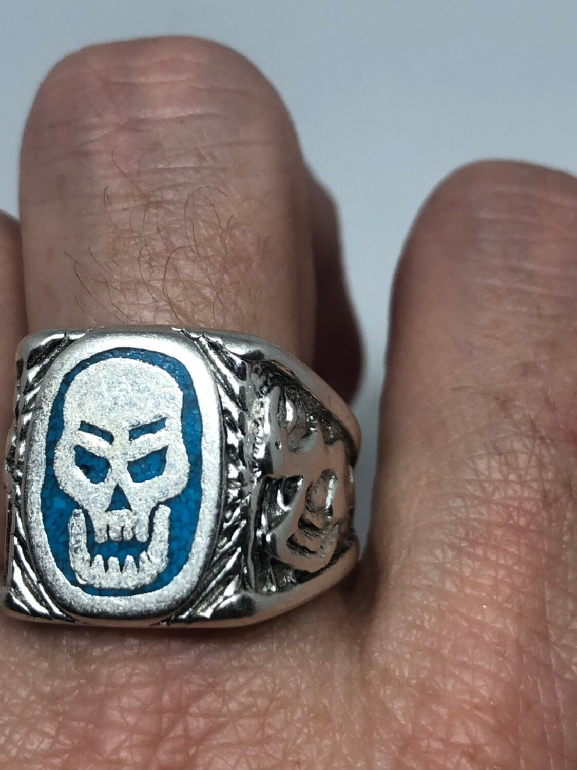 Vintage Mens Skull Ring Gothic Southwestern Turquoise Inlay