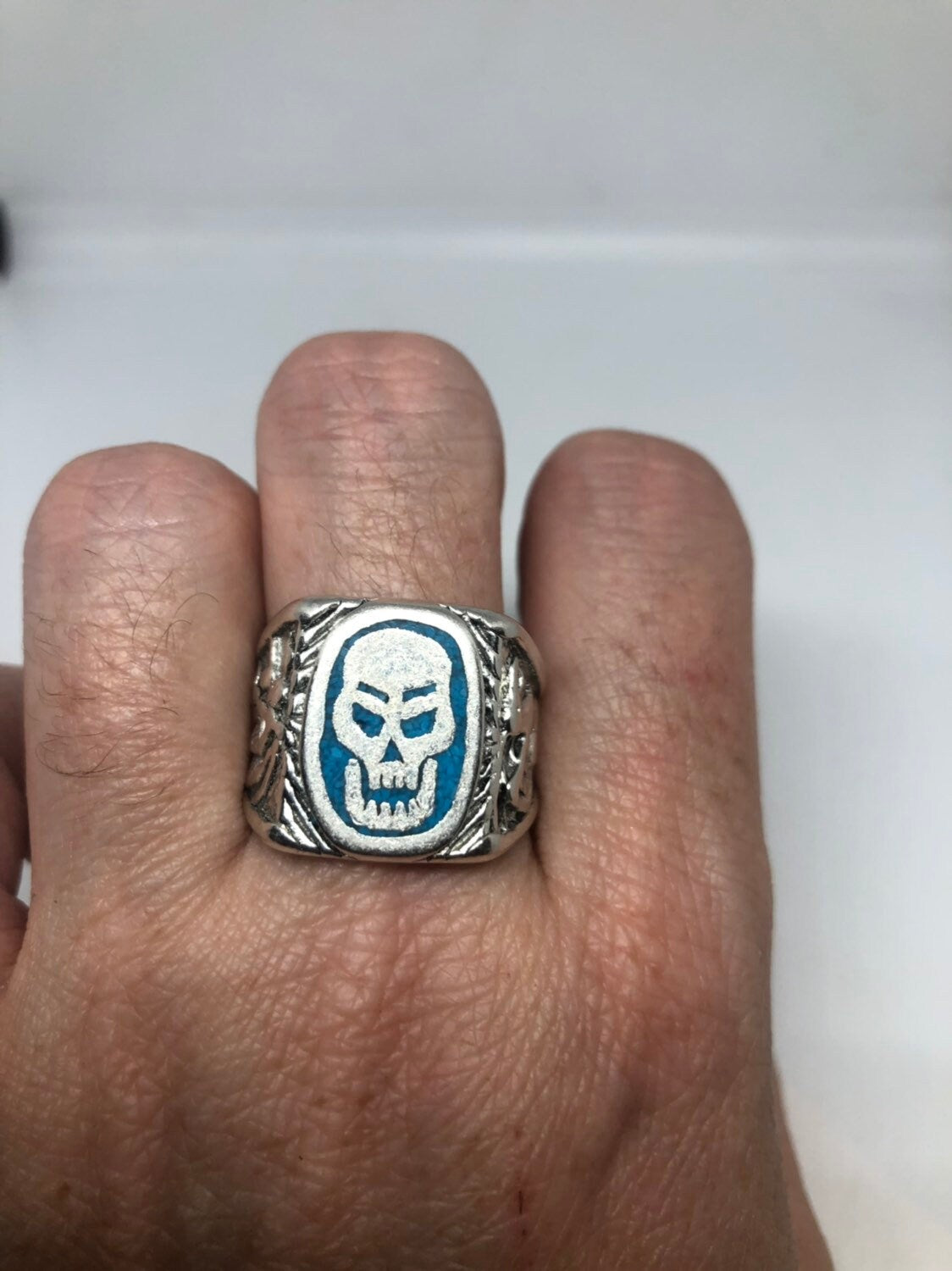 Vintage Mens Skull Ring Gothic Southwestern Turquoise Inlay