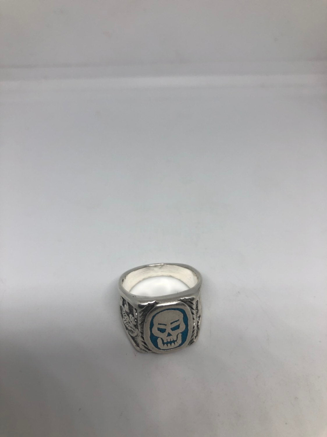 Vintage Mens Skull Ring Gothic Southwestern Turquoise Inlay