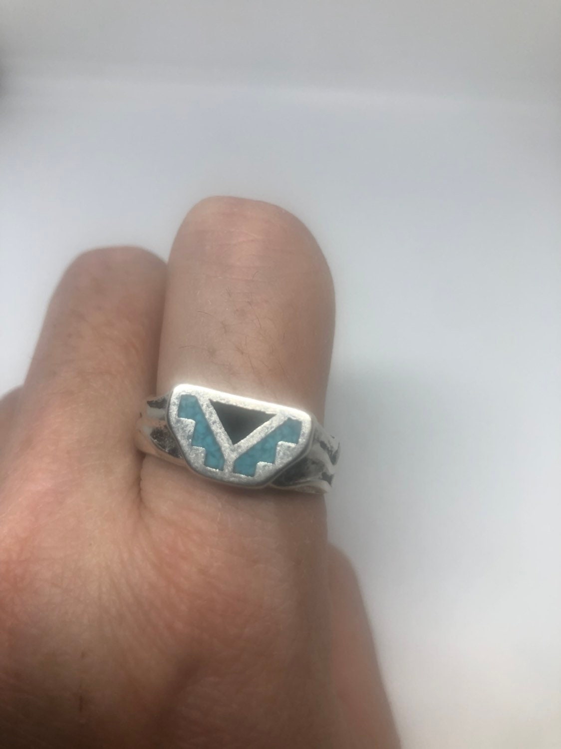 Vintage Native American Style Southwestern Genuine Turquoise Stone Inlay Men Ring