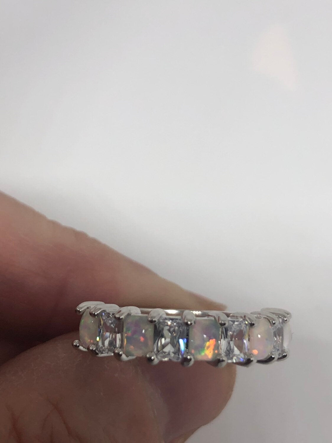 Brooklyn Line Micro Cubic Zirconia Crystal Ethiopian Opal Golden Sterling Silver Band Ring