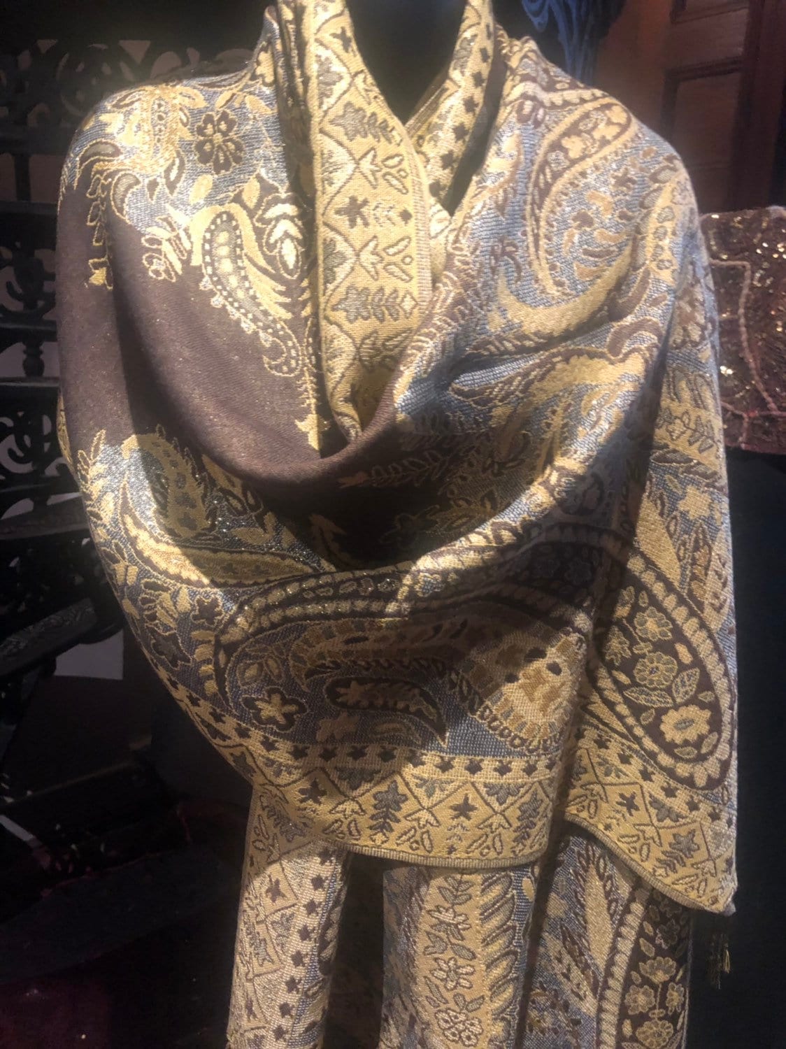 Vintage Metallic Gold Paisley Brocade Pashmina Scarf Wrap