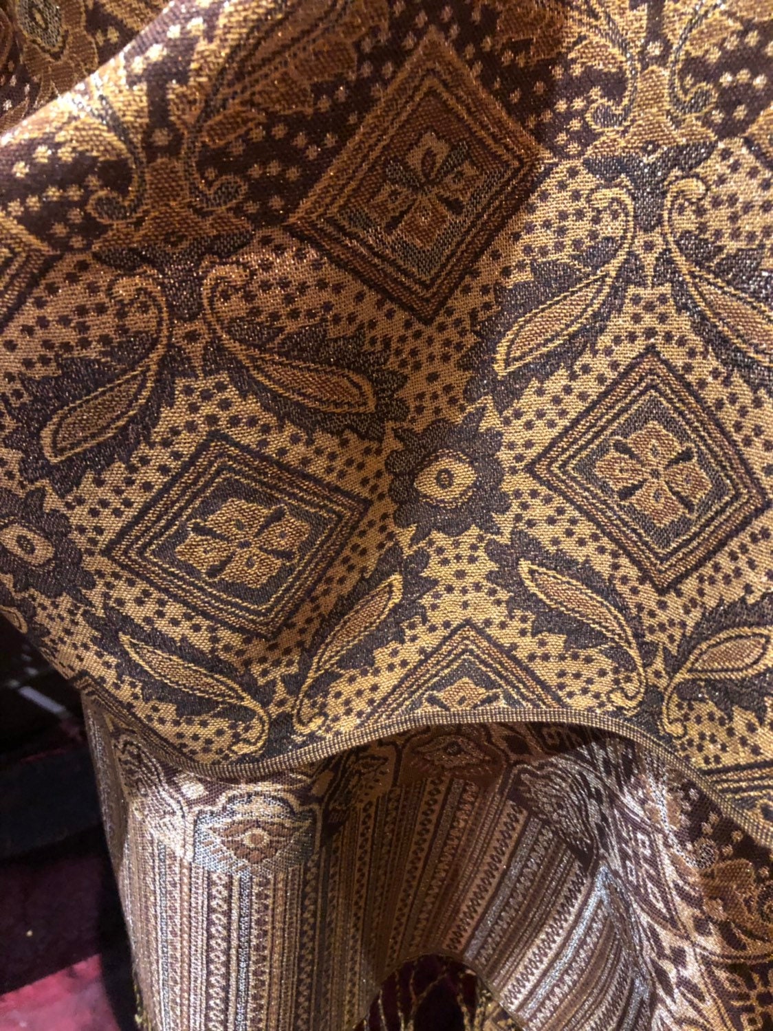 Vintage Coffee Brown metallic Paisley Brocade Pashmina Scarf Wrap