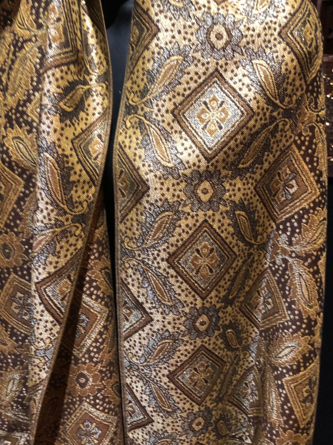 Vintage Coffee Brown metallic Paisley Brocade Pashmina Scarf Wrap