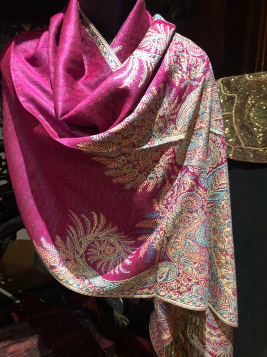 Vintage Fuscia Pink Paisley Brocade Pashmina Scarf Wrap