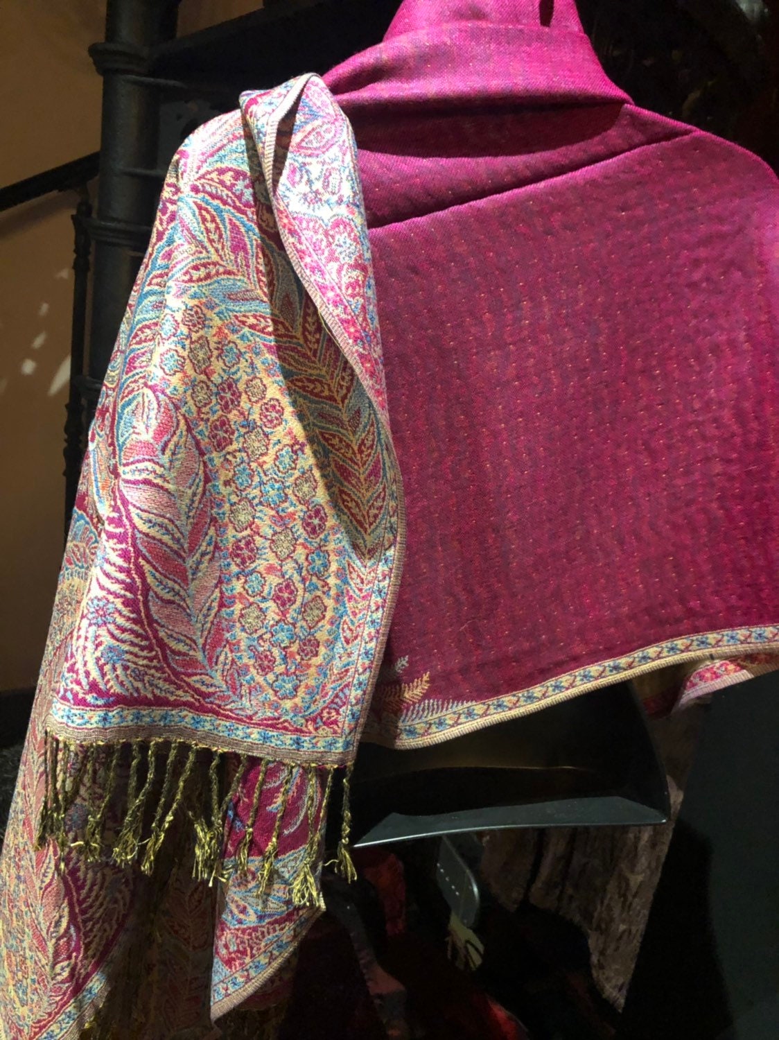 Vintage Fuscia Pink Paisley Brocade Pashmina Scarf Wrap