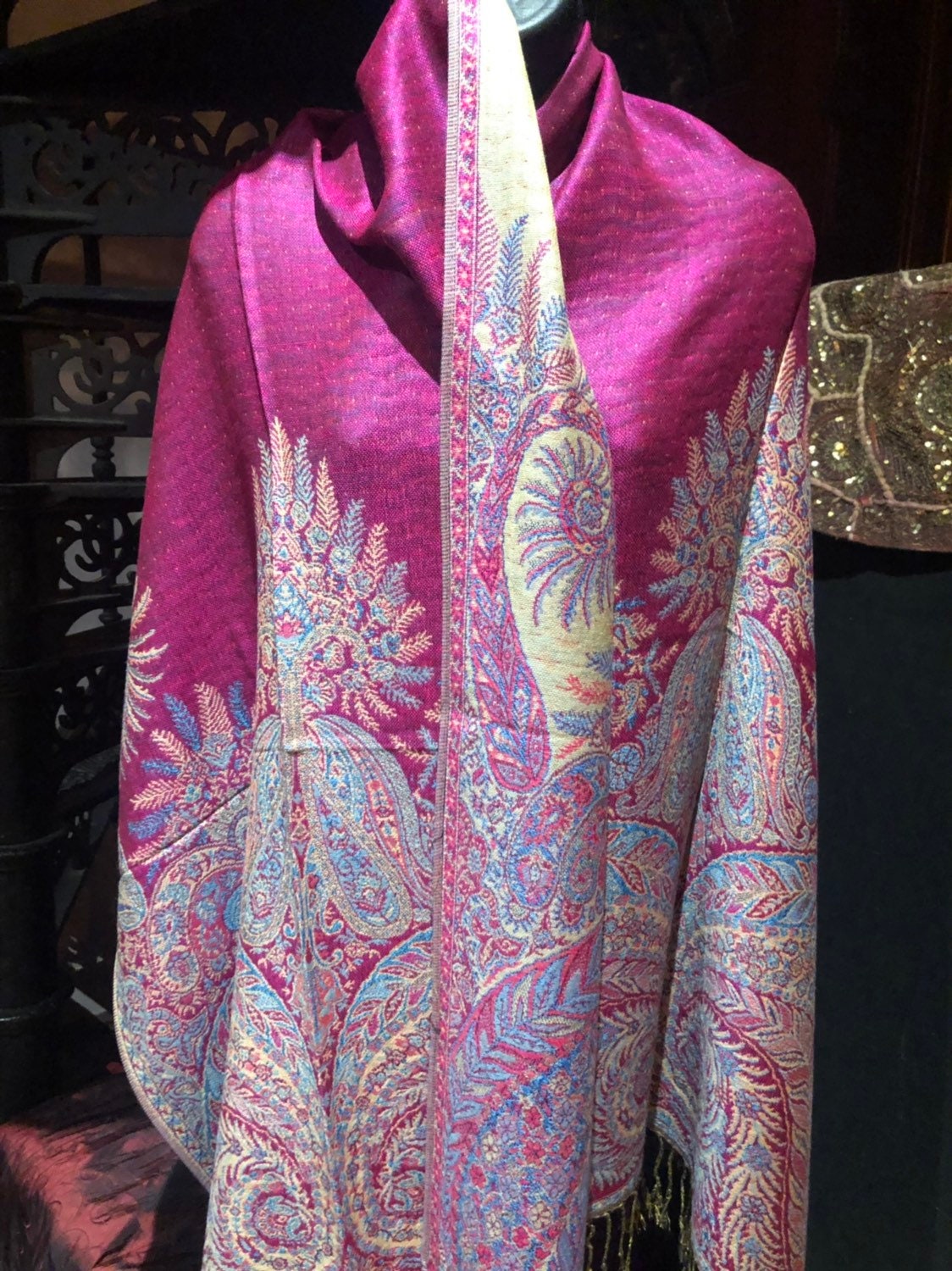Vintage Fuscia Pink Paisley Brocade Pashmina Scarf Wrap