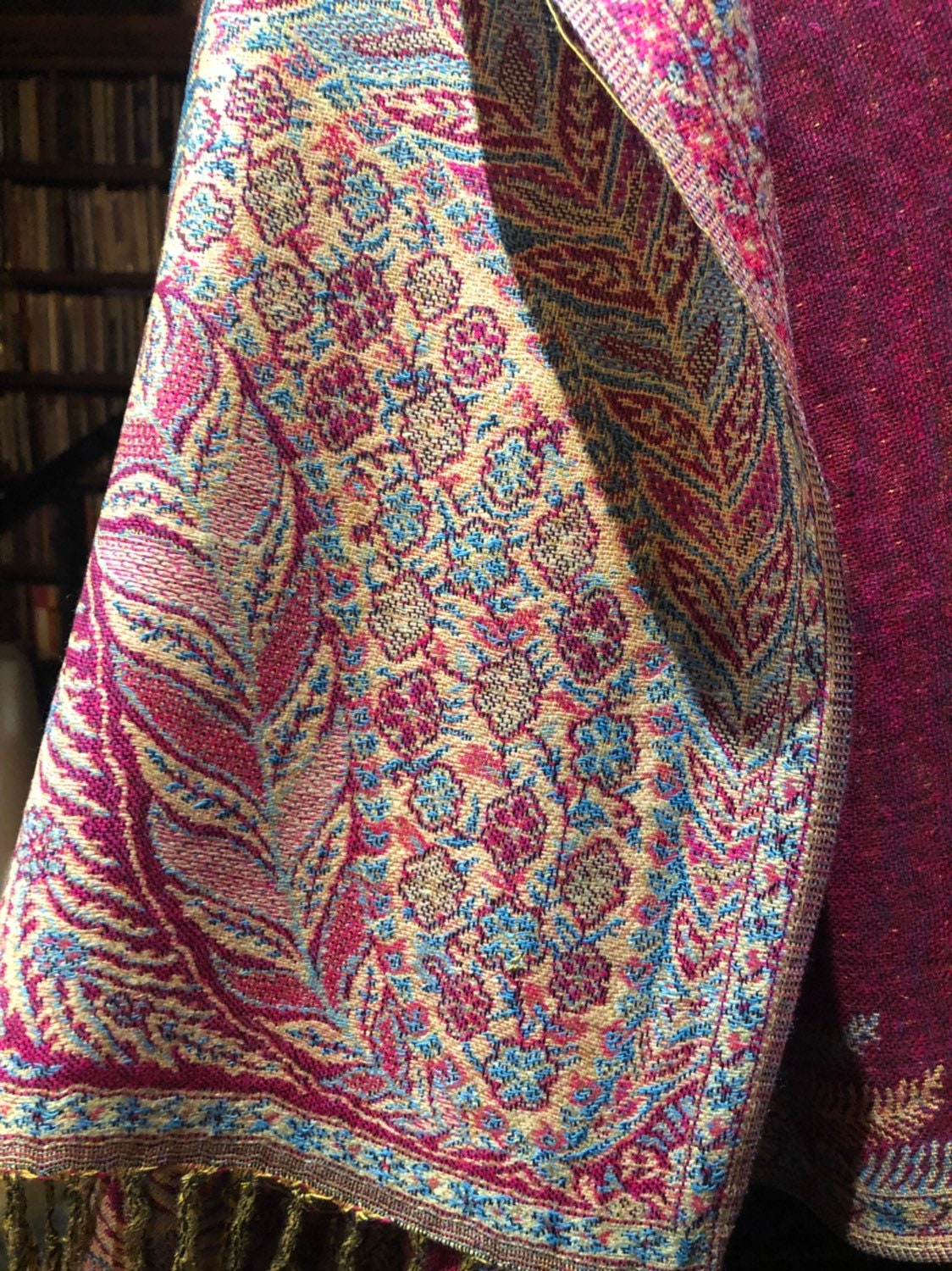 Vintage Fuscia Pink Paisley Brocade Pashmina Scarf Wrap