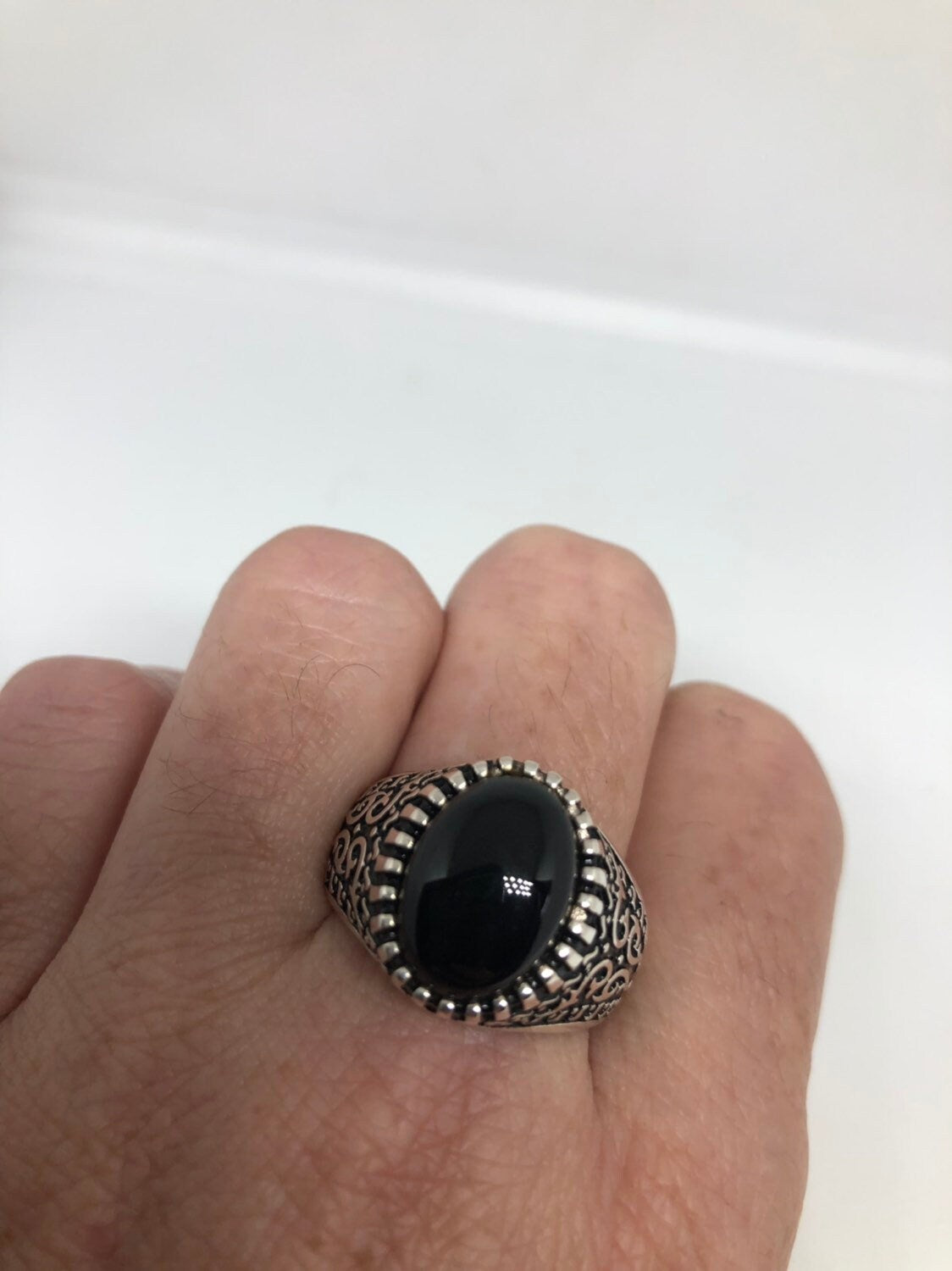 Vintage Onyx Mens Ring 925 Sterling Silver Gothic Genuine Black Onyx