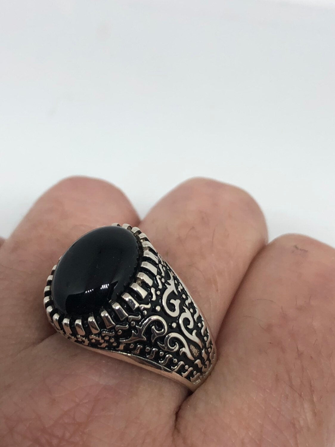 Vintage Onyx Mens Ring 925 Sterling Silver Gothic Genuine Black Onyx