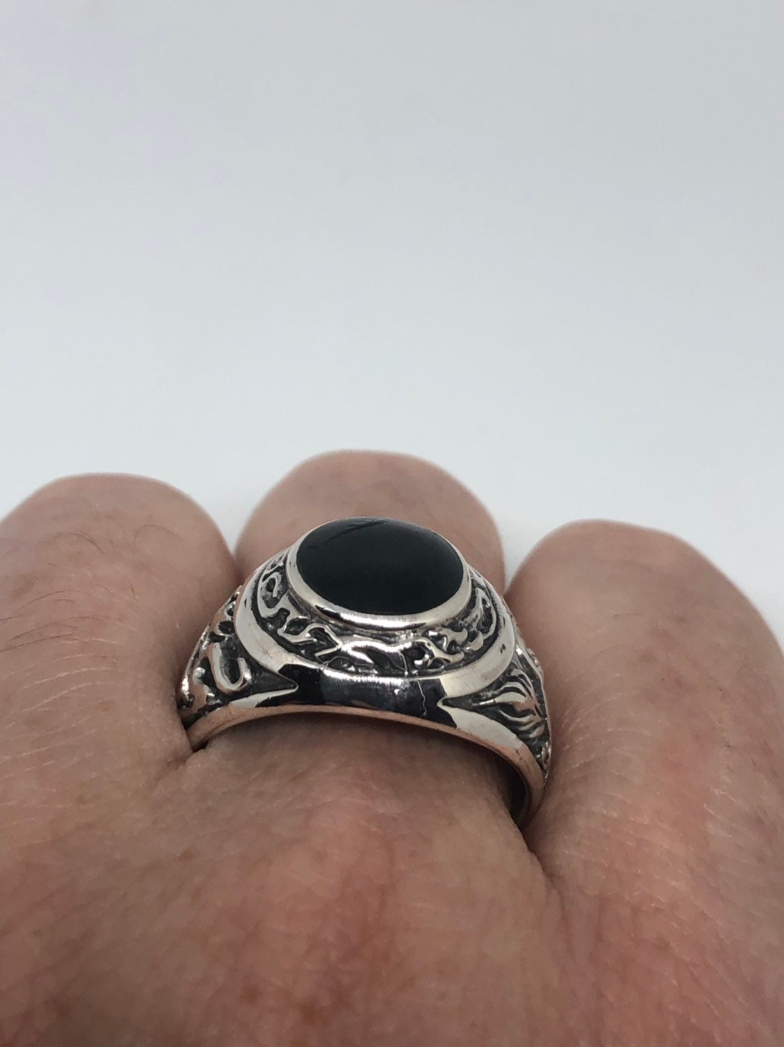 Vintage Gothic Sterling Silver Genuine Black Onyx Mens Ring