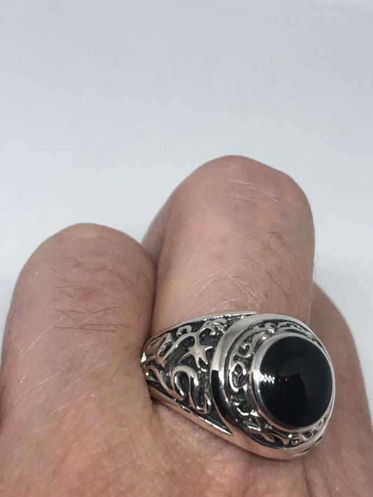 Vintage Gothic Sterling Silver Genuine Black Onyx Mens Ring