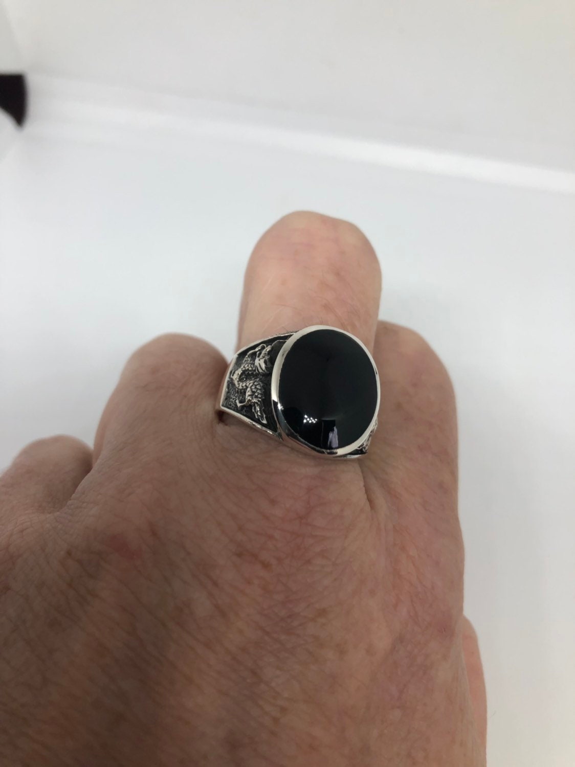 Vintage Gothic Sterling Silver Genuine Black Onyx Dragon Mens Ring