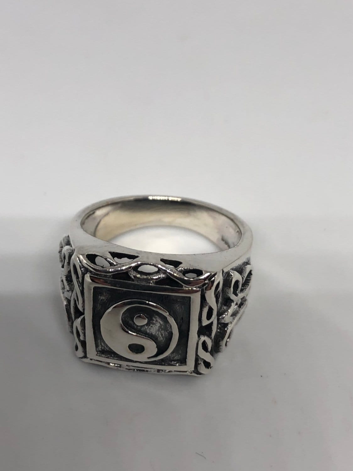 Vintage Gothic Yin Yang 925 Sterling Silver Mens Ring