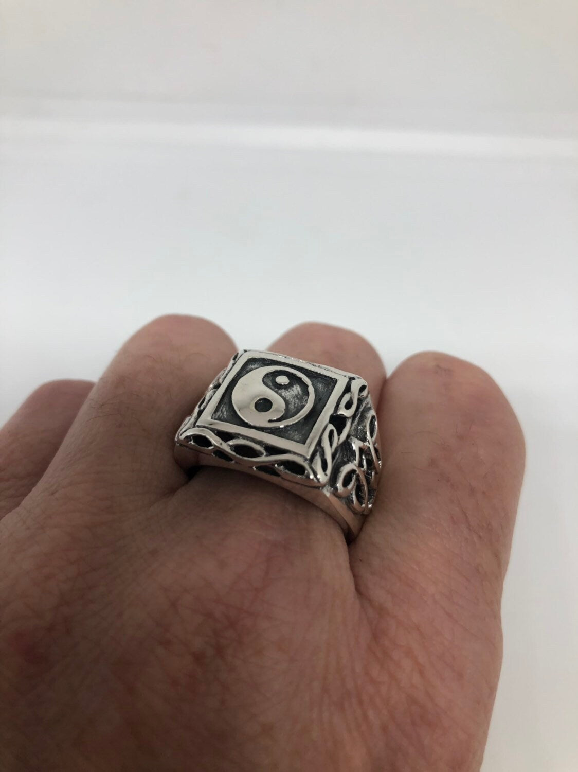 Vintage Gothic Yin Yang 925 Sterling Silver Mens Ring