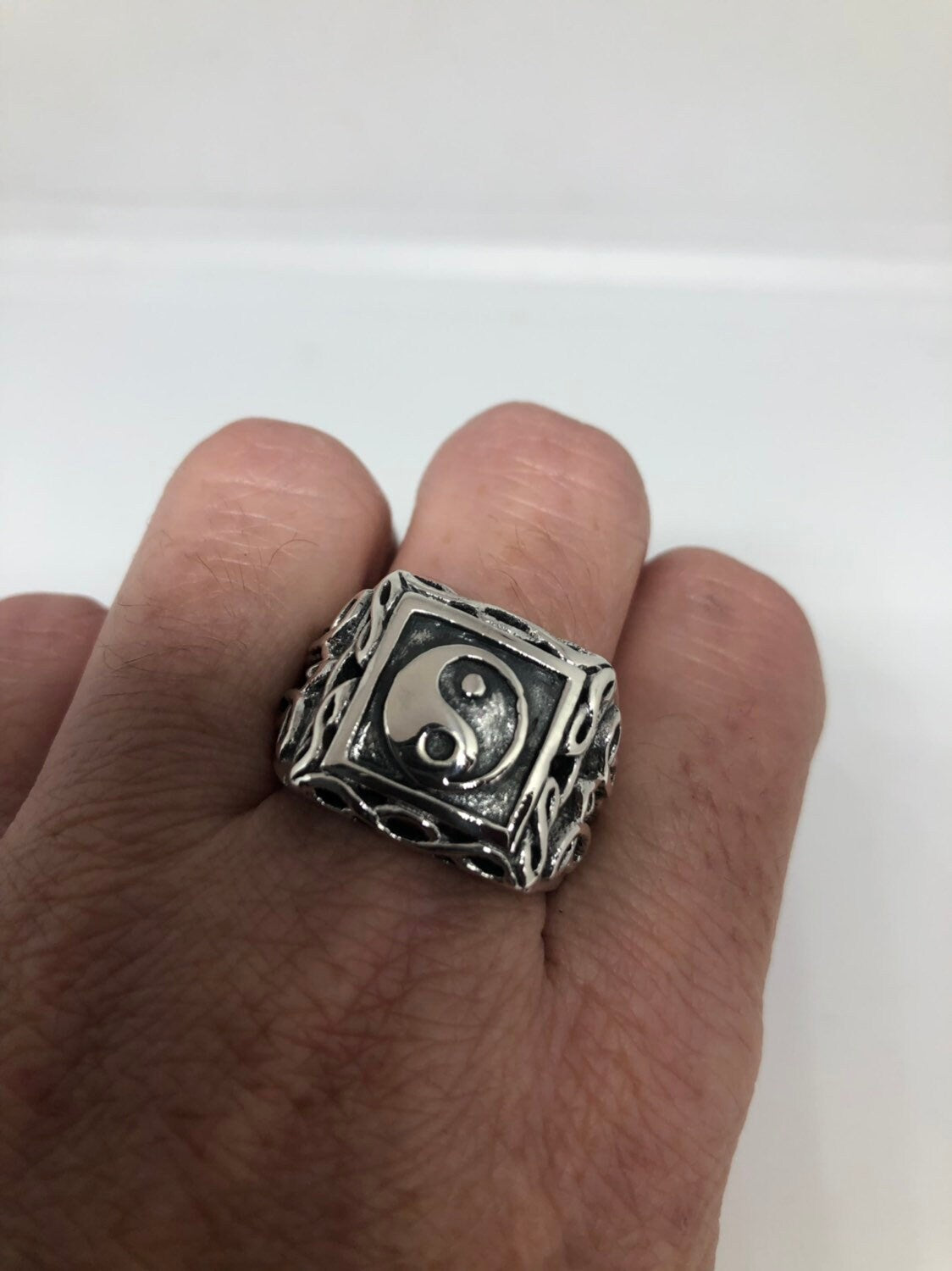 Vintage Gothic Yin Yang 925 Sterling Silver Mens Ring