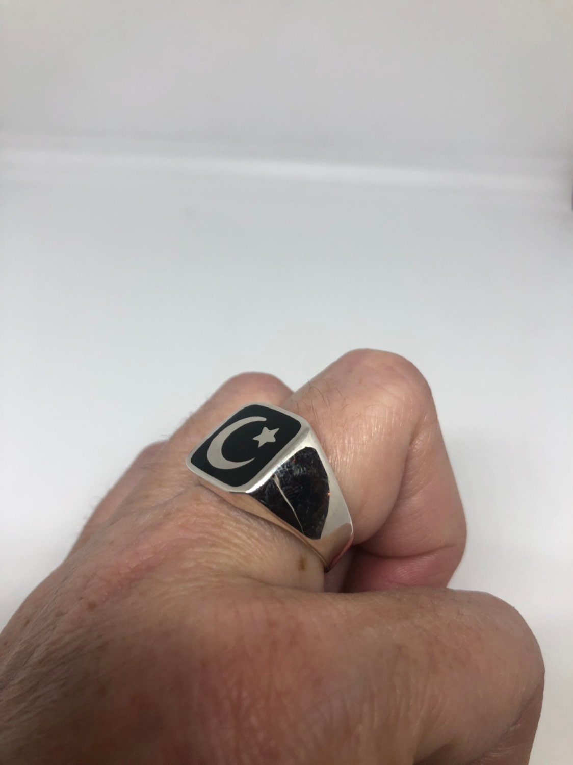 Muslim Crescent Moon and Star 925 Sterling Silver Ring Vintage