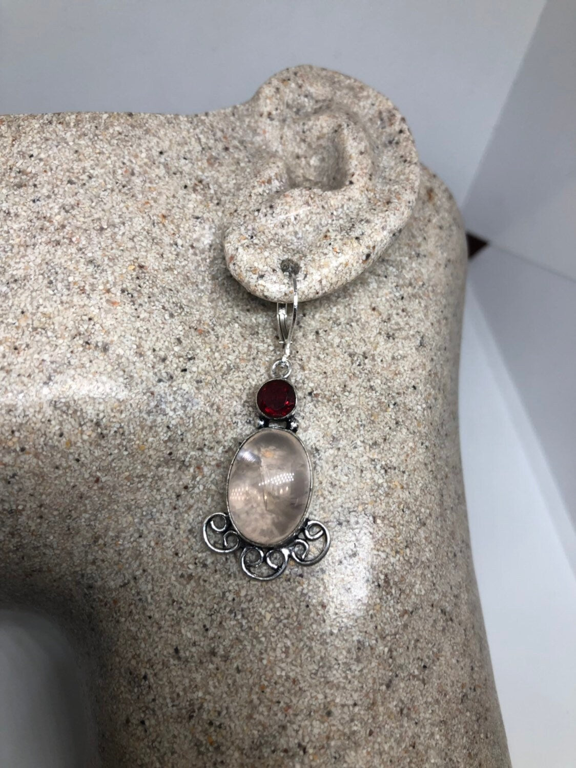 Vintage Genuine Rose Quartz Gemstone Filigree Sterling Silver Lever Back Dangle Earrings