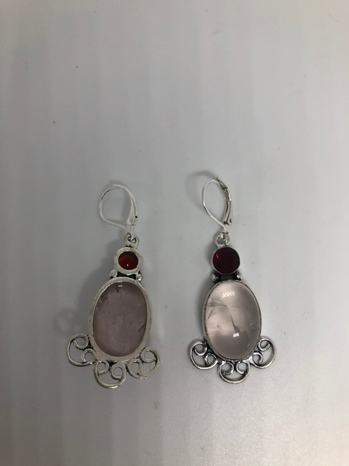 Vintage Genuine Rose Quartz Gemstone Filigree Sterling Silver Lever Back Dangle Earrings