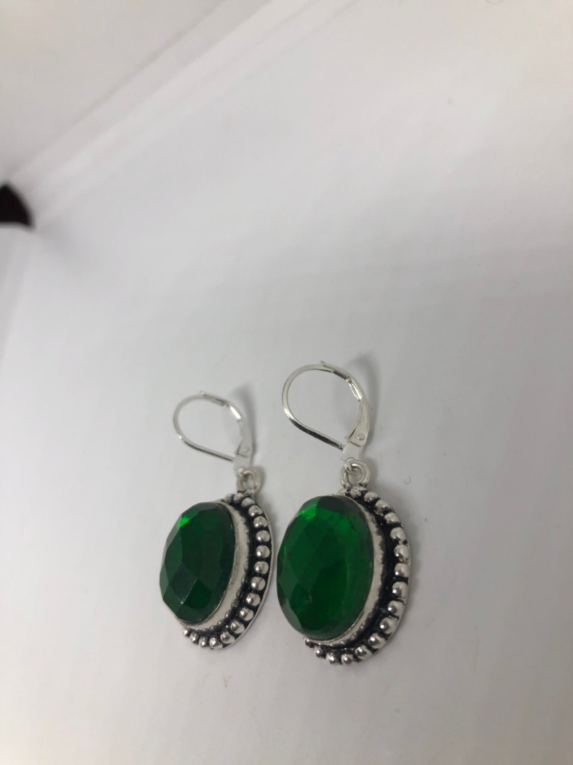 Antique Vintage Green Glass Silver Dangle Earrings