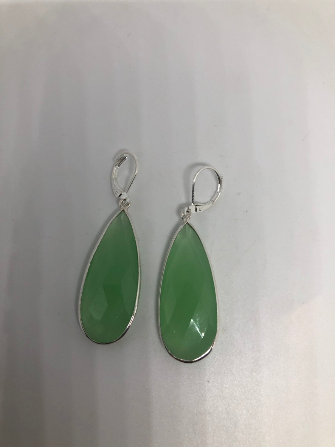 Vintage Genuine Green Chalcedony Gemstone Sterling Silver Lever Back Chandelier Earrings