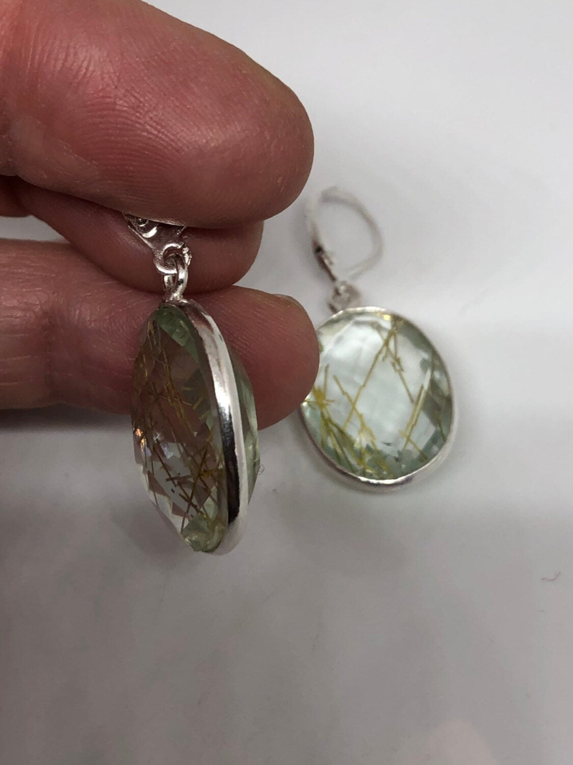 Antique Vintage Faux Gold Rutile Glass Silver Dangle Earrings