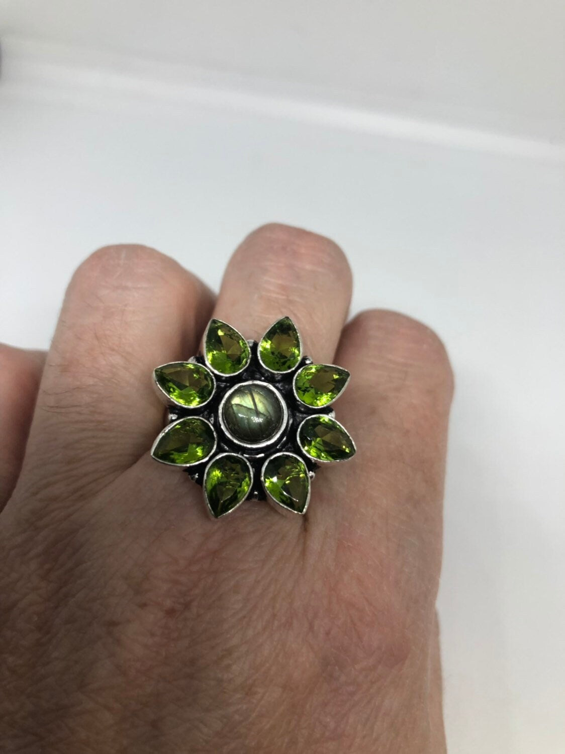 Vintage Large Green Peridot Labradorite Silver Flower Ring