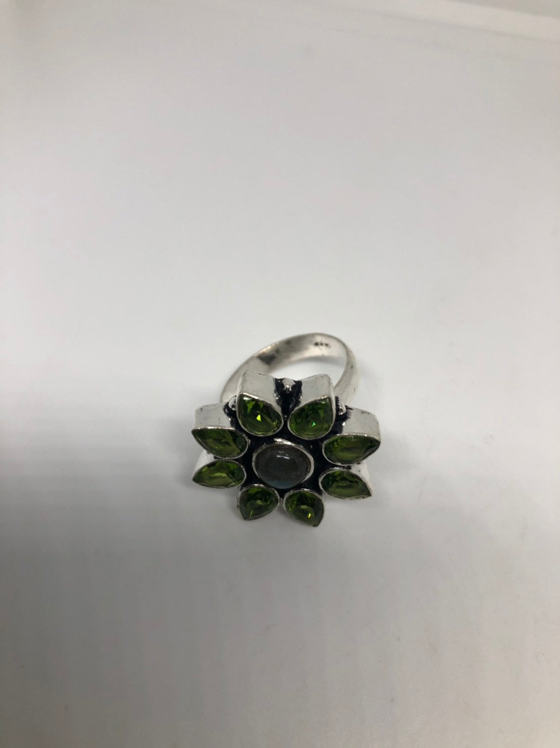 Vintage Large Green Peridot Labradorite Silver Flower Ring