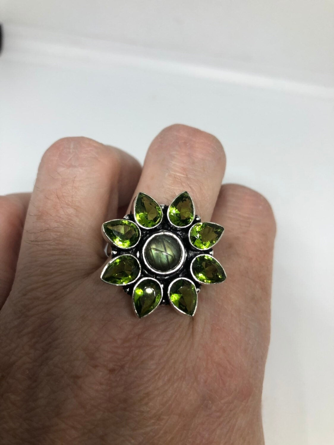 Vintage Large Green Peridot Labradorite Silver Flower Ring