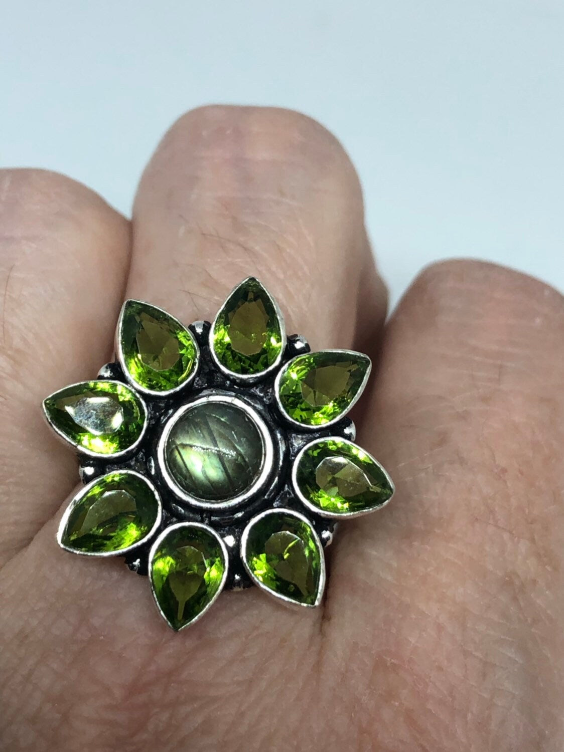 Vintage Large Green Peridot Labradorite Silver Flower Ring