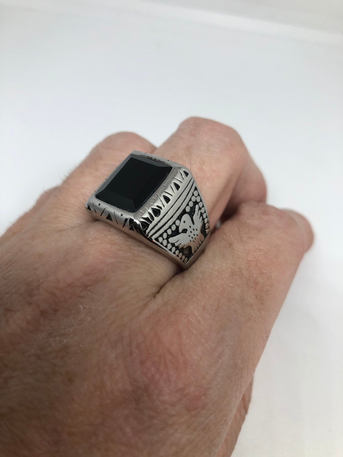 Vintage Native American Style Black Onyx Silver Southwestern Mens Eagle Ring