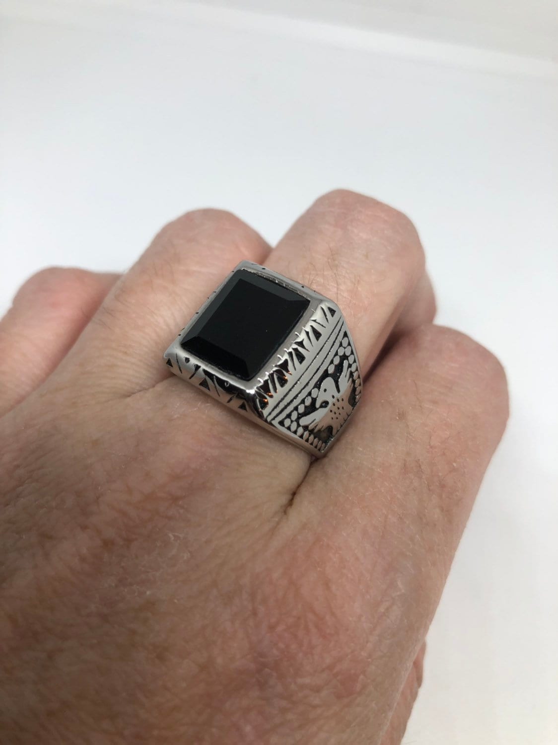 Vintage Native American Style Black Onyx Silver Southwestern Mens Eagle Ring