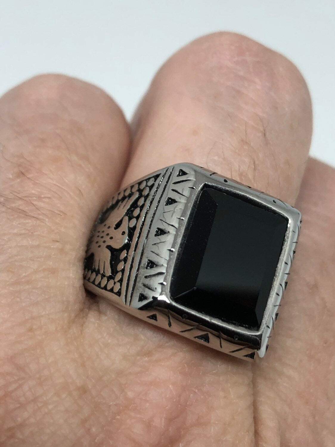 Vintage Native American Style Black Onyx Silver Southwestern Mens Eagle Ring