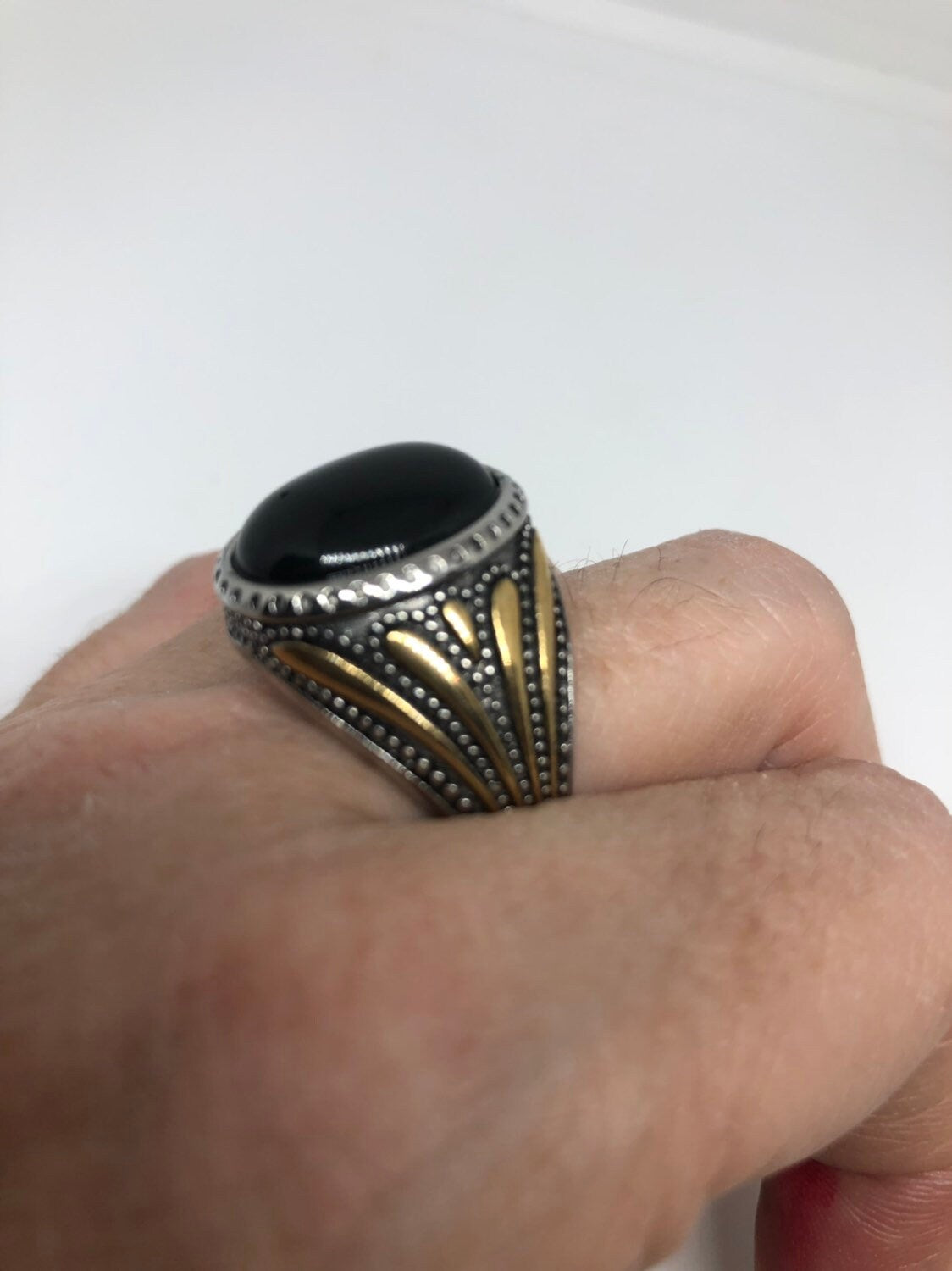 Vintage Gothic Black Onyx Stainless Steel Mens Ring