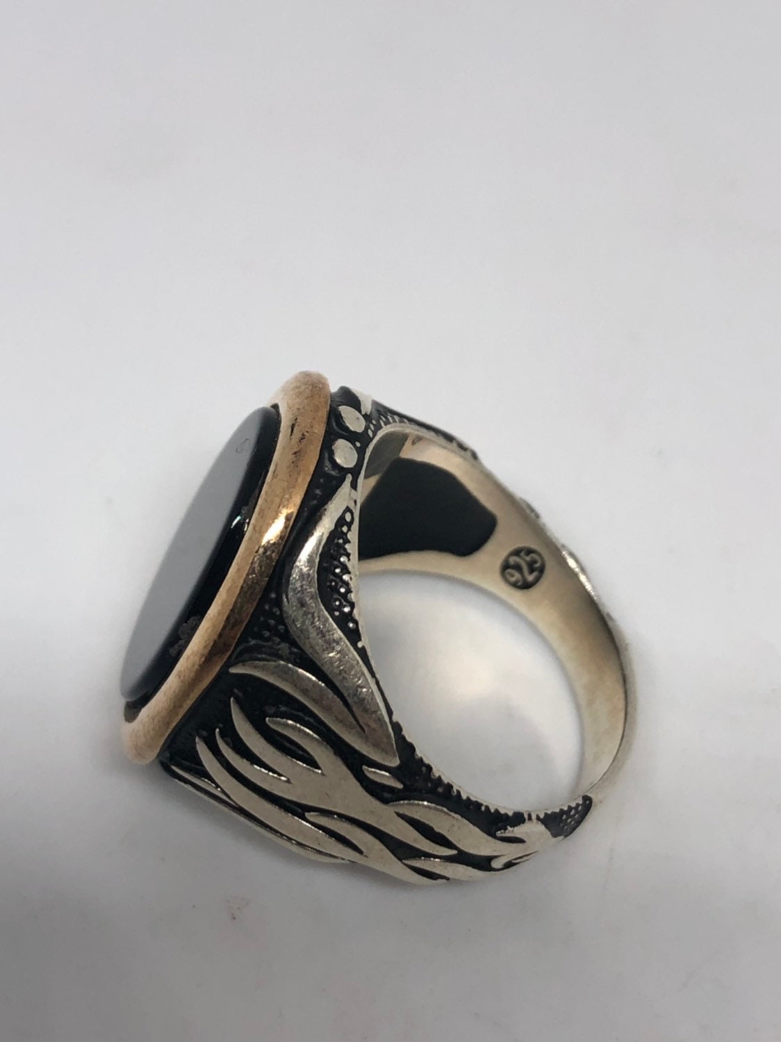 Vintage Onyx Mens Ring in 925 Sterling Silver Persian Genuine Black Onyx
