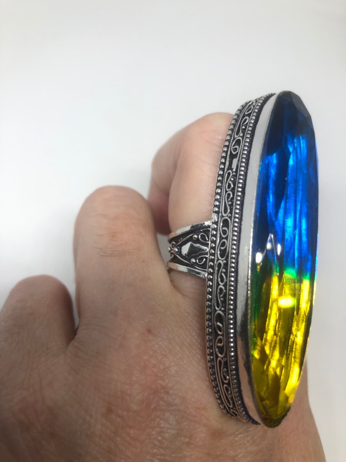 Vintage Aqua Teal Vintage Art Glass Ring 2 Long Knuckle Ring