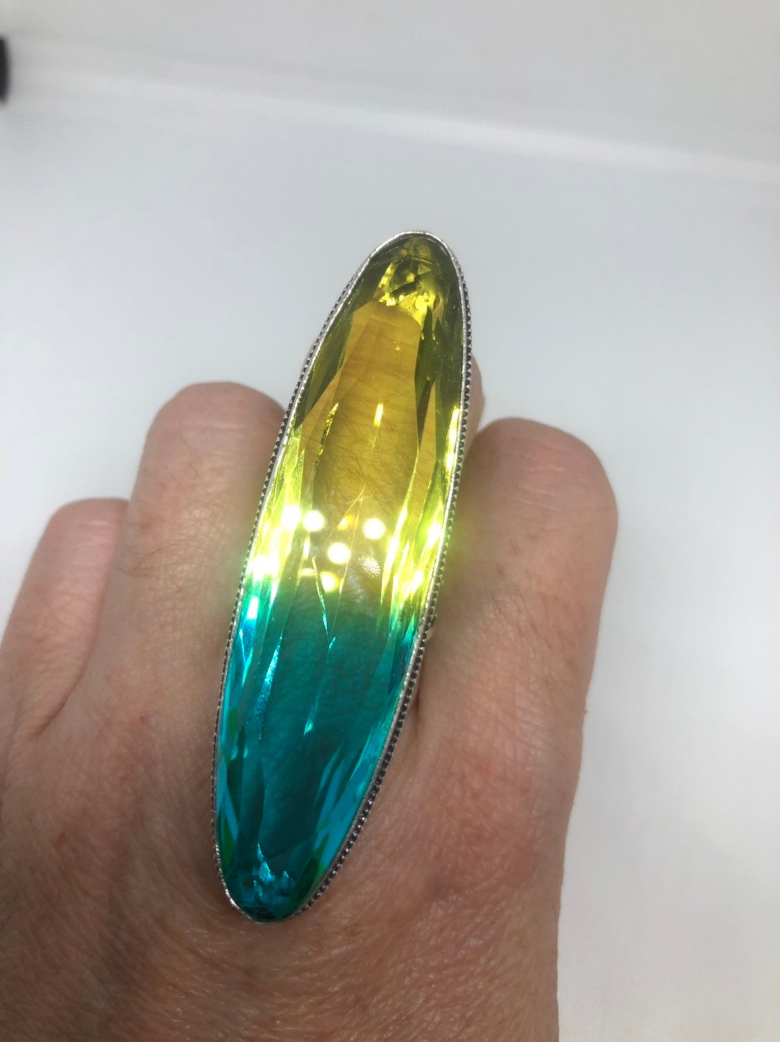 Vintage Aqua Teal Vintage Art Glass Ring 2 Long Knuckle Ring