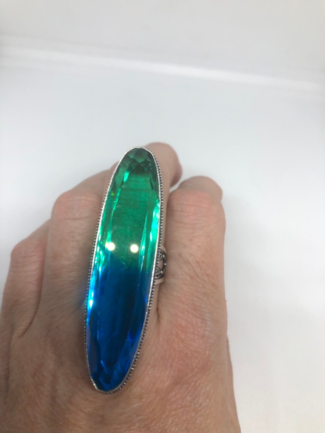 Vintage Green Blue Vintage Art Glass Boho Knuckle Ring