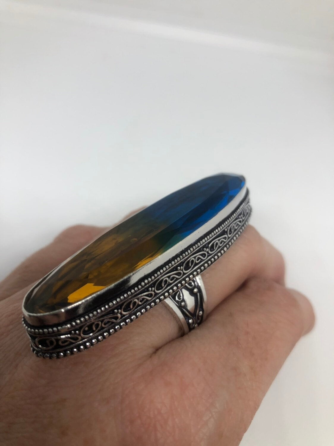 Vintage Blue Yellow Vintage Art Glass Long Knuckle Ring