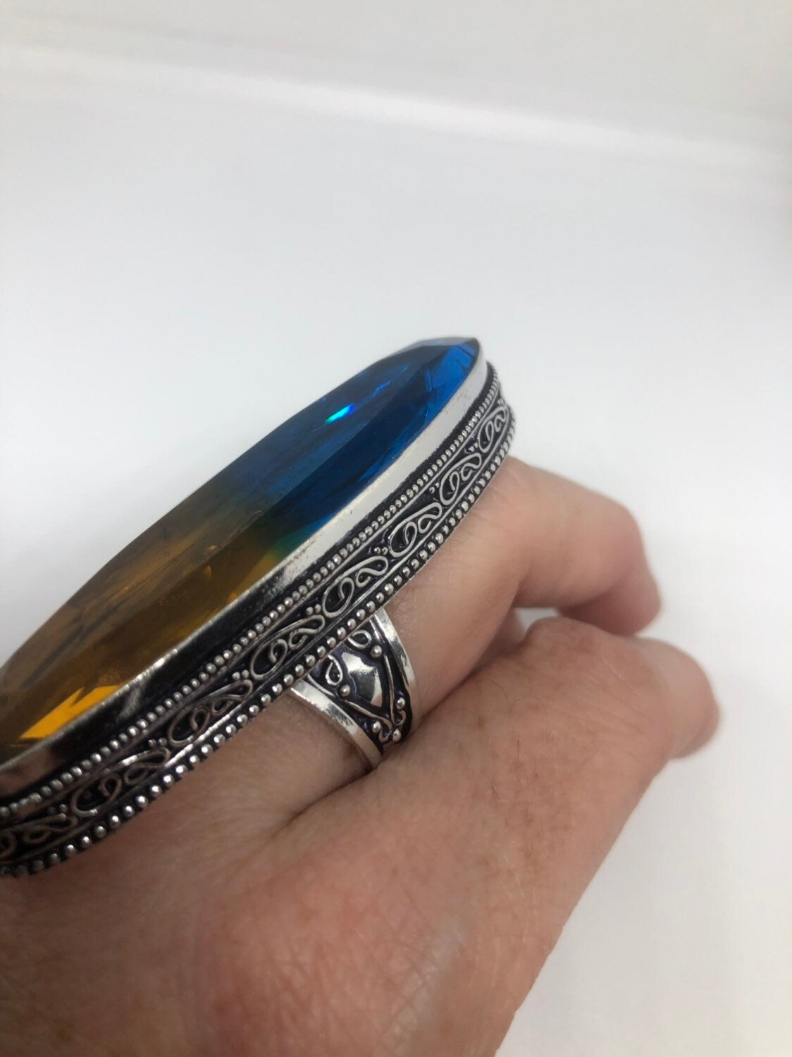 Vintage Blue Yellow Vintage Art Glass Long Knuckle Ring